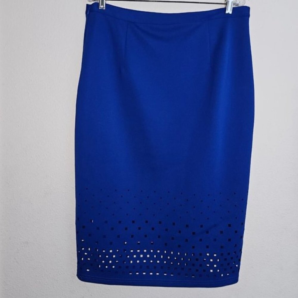 Spense Solid Blue Skirt Midi Pencil Size XL Laser Cut Cutout Hem Career - Picture 4 of 8